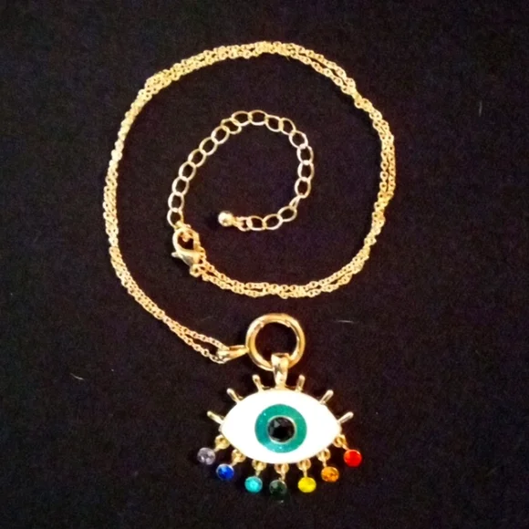 NWOT-Gold-Plated Hamsa Evil Eye Necklace with Rainbow Jewels - Picture 1 of 3